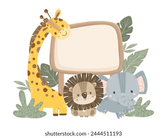 Wooden Board with Cute Safari Animals with Leaves Clipart