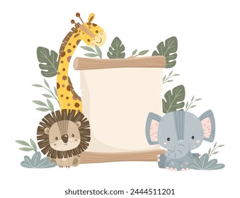 Wooden Board with Cute Safari Animals with Leaves Clipart