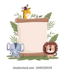 Wooden Board with Cute Safari Animals and Tropical Leaves