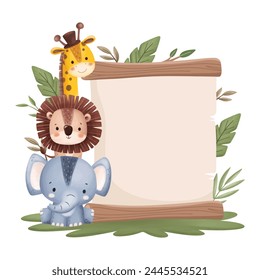Wooden Board with Cute Safari Animals and Tropical Leaves