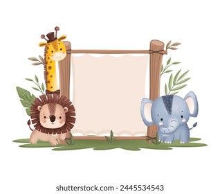 Wooden Board with Cute Safari Animals and Tropical Leaves