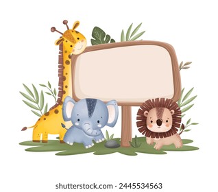 Wooden Board with Cute Safari Animals and Tropical Leaves