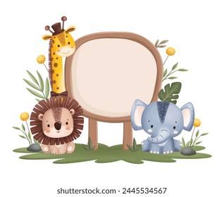 Tablero de madera con lindos animales de safari y hojas tropicales