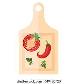 Wooden board for cutting vegetables with peppers and tomato icon, flat style. Isolated on white background. Vector illustration