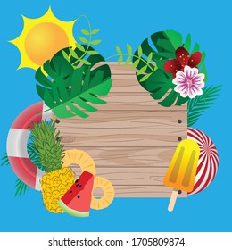 wooden board decorated with life buoy, ice cream, fruit leaves and flowers ideal for travel signs or vacation photos