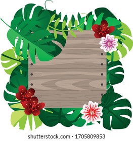 wooden board decorated with tropical flowers and leaves
