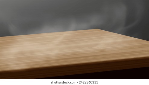 Wooden board with dust effect on black background. Vector realistic illustration of flour in air above brown wood table at forefront, kitchen interior design element, empty shelf mockup with haze