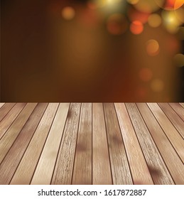 Wooden board empty table in front of bokeh blurred brown background. - can be used for display or montage your products.