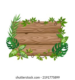 Wooden board flat icon. Colorful game pointers and info labels with tropical lianas and plants isolated vector illustration