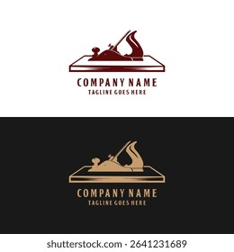 Wooden Board with Fore Plane or Jack Plane Silhouette for Classic Vintage Woodworking Carpentry Logo design