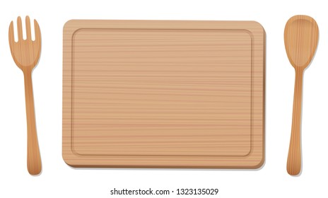 Wooden board with wooden fork and spoon. Rustic vintage kitchen utensils. Isolated vector illustration on white background.
