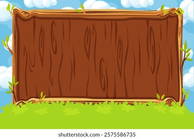 Wooden board for game UI. Background or screen for your game development. Blue sky and wooden board on green grass