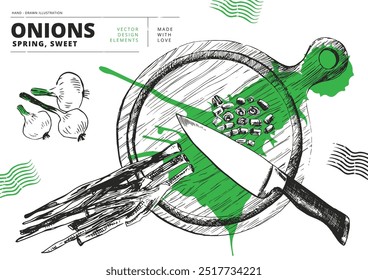 С de madeira prancha de corte, faca e vista superior de cebola picada. Ilustração vetorial desenhada à mão do contorno. Fundo de cozinha vintage. Objetos pretos de hachura isolados. Conjunto de imagens de rabiscar.