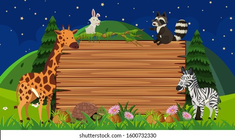 Wooden board with many animals in the park illustration