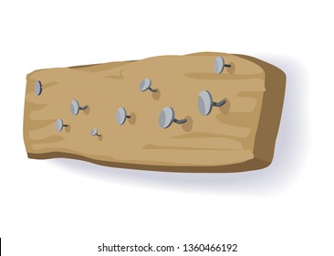 wooden board with nails and broken nails isolated on white background