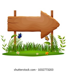 wooden board on a grass . vector illustration