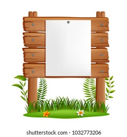 wooden board on a grass . vector illustration