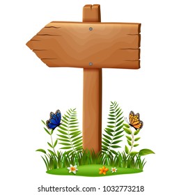 wooden board on a grass . vector illustration