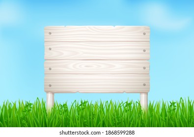 Wooden board on green field or lawn. Vector landscape with grass and signboard from light wood planks. Summer background with timber signpost and blue sky