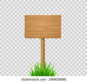 Wooden board on post in green grass. Signboard from wood planks on lawn or field. Vector realistic old timber signpost for farm, country or rural scene isolated on transparent background