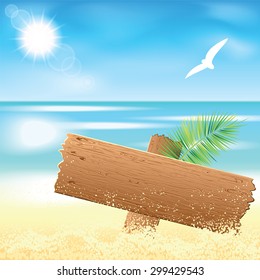 Wooden board on the sand beach with the palm branch at sunset time. Vector illustration. 