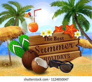 wooden board on tropical background