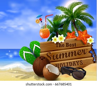 wooden board on tropical background