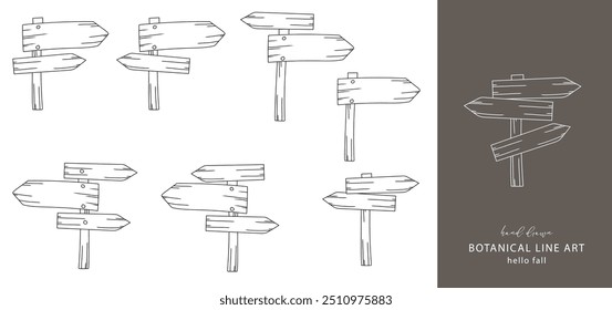 Contorno de placa de madeira. Arte de linha de sinais de madeira isolada em branco. Sinal de seta. Ilustração de arte de linha de tabuleiro. Contorno Desenhado À Mão De outono. Página de Coloração outono. 