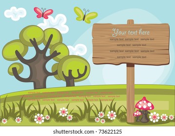 wooden board over cute nature scene. vector illustration