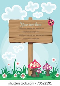 wooden board over cute nature scene. vector illustration
