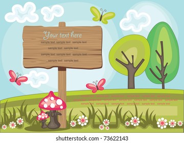 wooden board over cute nature scene. vector illustration