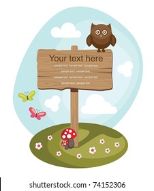 wooden board over cute nature scene. vector illustration