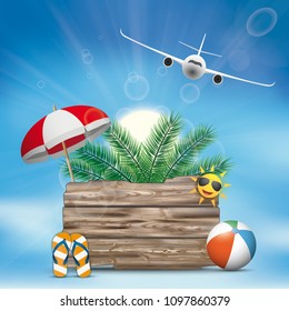 Wooden board with plane, palm, flip-flops, beach ball on the blue sky background. Eps 10 vector file.