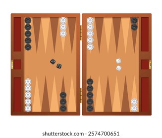 Wooden board for playing backgammon with chips and dice on white background. Vector illustration