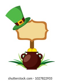 wooden board with pot coins and hat of leprechaun
