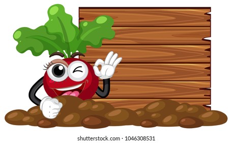 Wooden board with radish in ground illustration