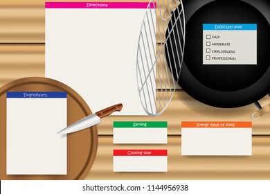 Wooden board with a round table grill fireplace in the top right corner of the vector. Cooking board contains round cutting board and empty notes with free place for your text