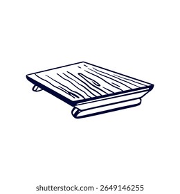 Wooden board for serving sushi and rolls. Asian kitchen utensils. Hand drawn vector illustration in graphic black and white style. Design menu, invitations, banners, posters, booklets.
