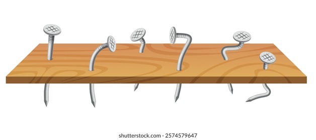 Wooden board with sharp nails. Realistic isolated hammered metal elements, building pins, carpentry objects, broken building equipment, iron carpentry. Construction industry. Vector concept