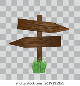 Wooden board sign blank promotion and decoration with transparent background. Wood banner billboard in old vintage style with grass