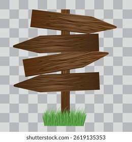 Wooden board sign blank promotion and decoration with transparent background. Wood banner billboard in old vintage style with grass