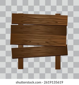 Wooden board sign blank promotion and decoration with transparent background. Wood banner billboard in old vintage style. Dark wood on stand