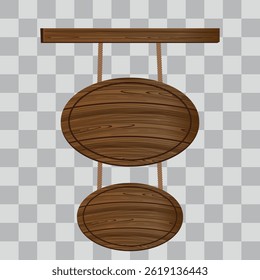 Wooden board sign blank promotion and decoration with transparent background. Wood banner billboard in old vintage style hanging on a string