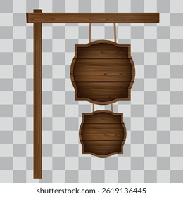Wooden board sign blank promotion and decoration with transparent background. Wood banner billboard in old vintage style hanging on a string