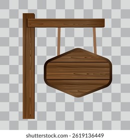 Wooden board sign blank promotion and decoration with transparent background. Wood banner billboard in old vintage style hanging on a string