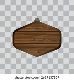 Wooden board sign blank promotion and decoration with transparent background. Wood banner billboard in old vintage style. Dark wood on wall