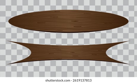 Wooden board sign blank promotion and decoration with transparent background. Wood banner billboard in old vintage style. Dark wood on wall