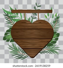 Wooden board sign blank promotion and decoration with transparent background. Wood banner billboard in old vintage style hanging on a string with green tropical leafy 