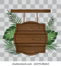 Wooden board sign blank promotion and decoration with transparent background. Wood banner billboard in old vintage style hanging on a string with green tropical leafy 