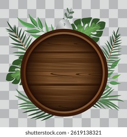 Wooden board sign blank promotion and decoration with transparent background. Wood banner billboard in old vintage style on wall with green tropical leafy 
